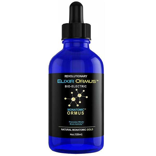 Bio-electric monatomic gold elixir bottle with black dropper and blue glass