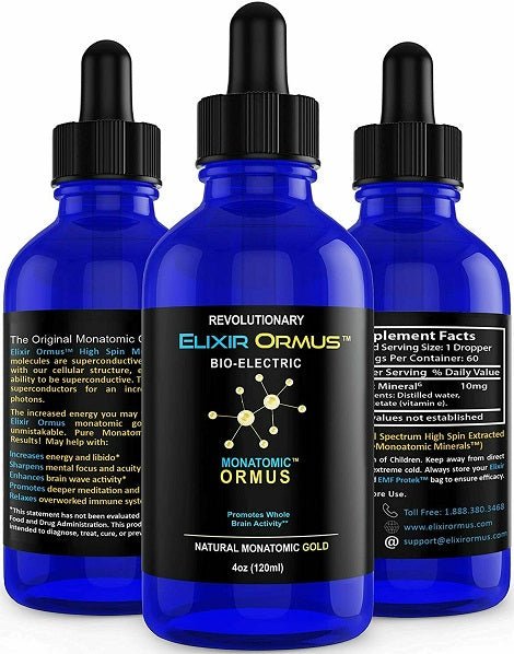 Set of three bio-electric monatomic gold elixir bottles with black droppers