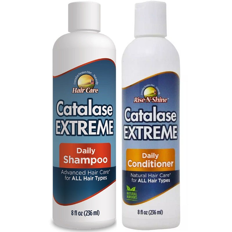 Rise-N-Shine Catalase Extreme daily shampoo and conditioner bottles, 8 fl oz each