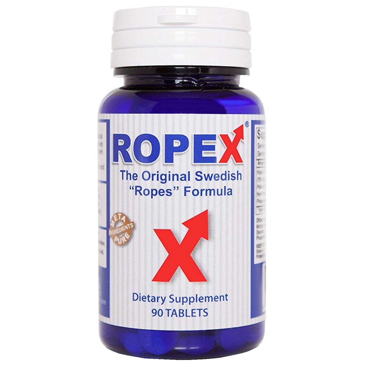 Ropex dietary supplement bottle front label, blue 'X', 90 tablets, Swedish 'Ropes' Formula