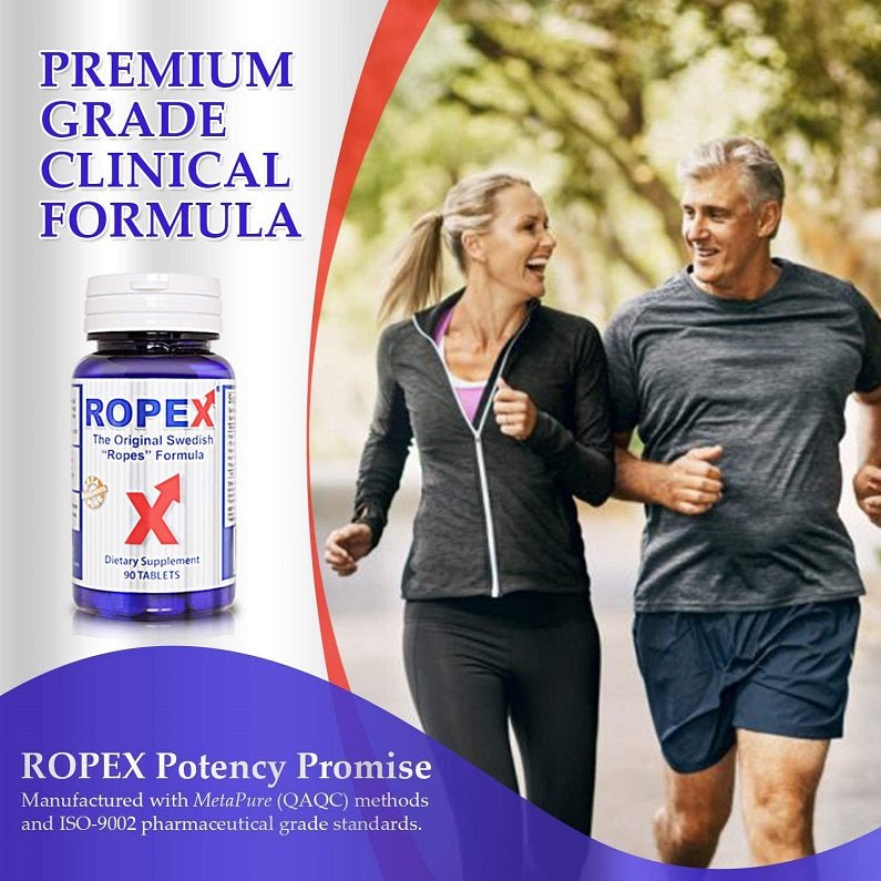 Ropex premium grade clinical formula promotional card with bottle and red 'X' mark