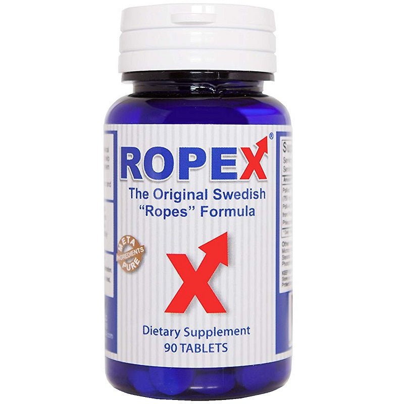 Ropex dietary supplement bottle with blue 'X' label, 90 tablets, Swedish 'Ropes' Formula