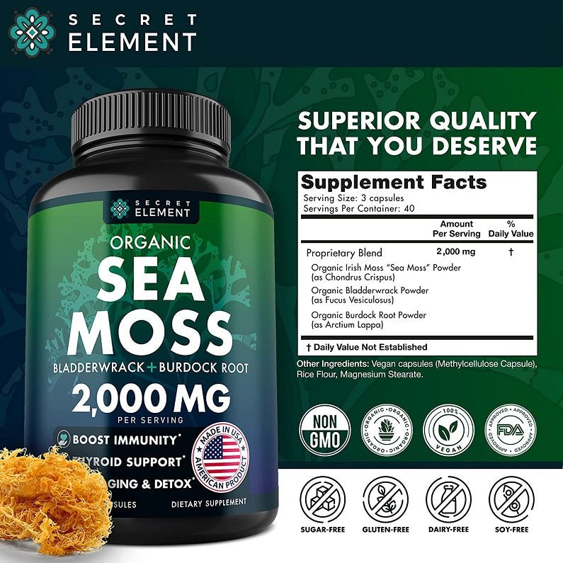 Sea moss supplement bottle with Supplement Facts panel and 2000 mg label