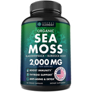Organic sea moss supplement bottle, 2000 mg, bladderwrack & burdock root, 120 veggie caps