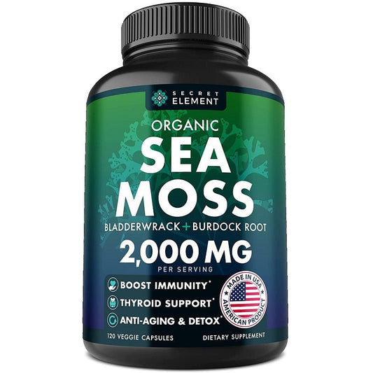 Organic sea moss supplement bottle, 2000 mg, bladderwrack & burdock root, 120 veggie caps