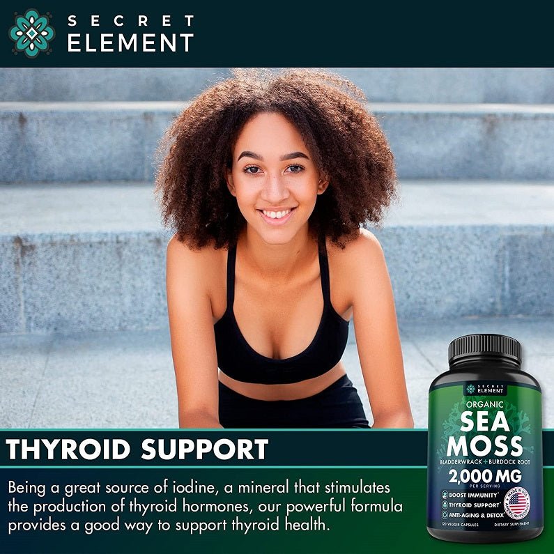 Sea moss supplement bottle with thyroid support text, 2000 mg label