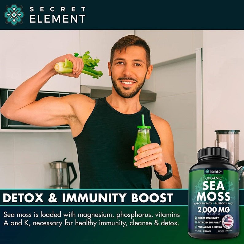 Person holding organic sea moss supplement bottle, 2000 mg label