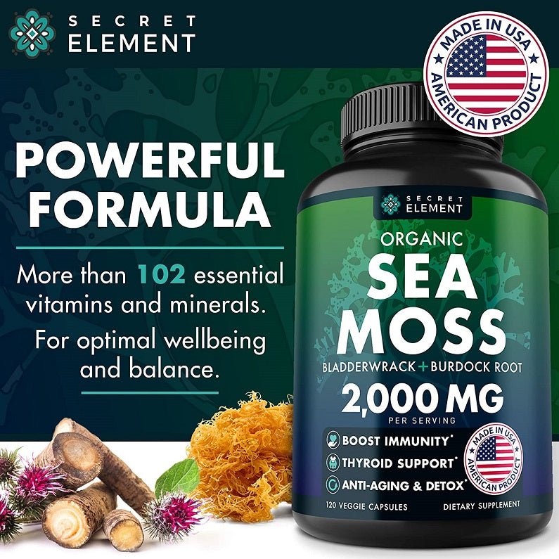Sea moss supplement bottle with Powerful Formula text and 2000 mg label