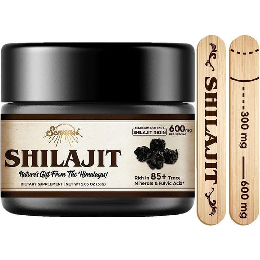 Sennasi shilajit resin jar with black lid and beige label, 30g dietary supplement