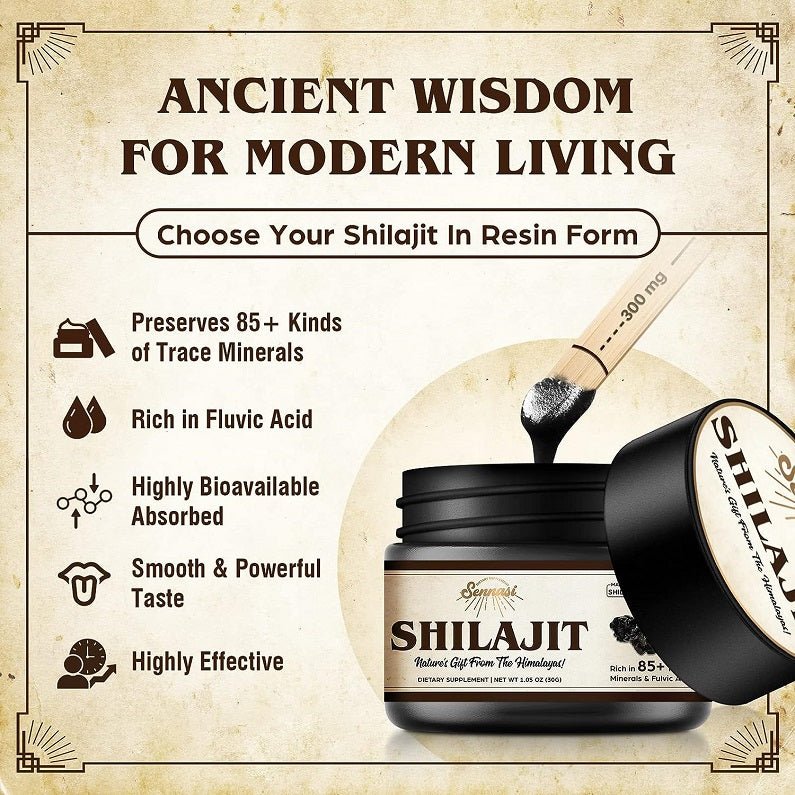 Sennasi shilajit resin in jar shown with resin-form benefits callouts