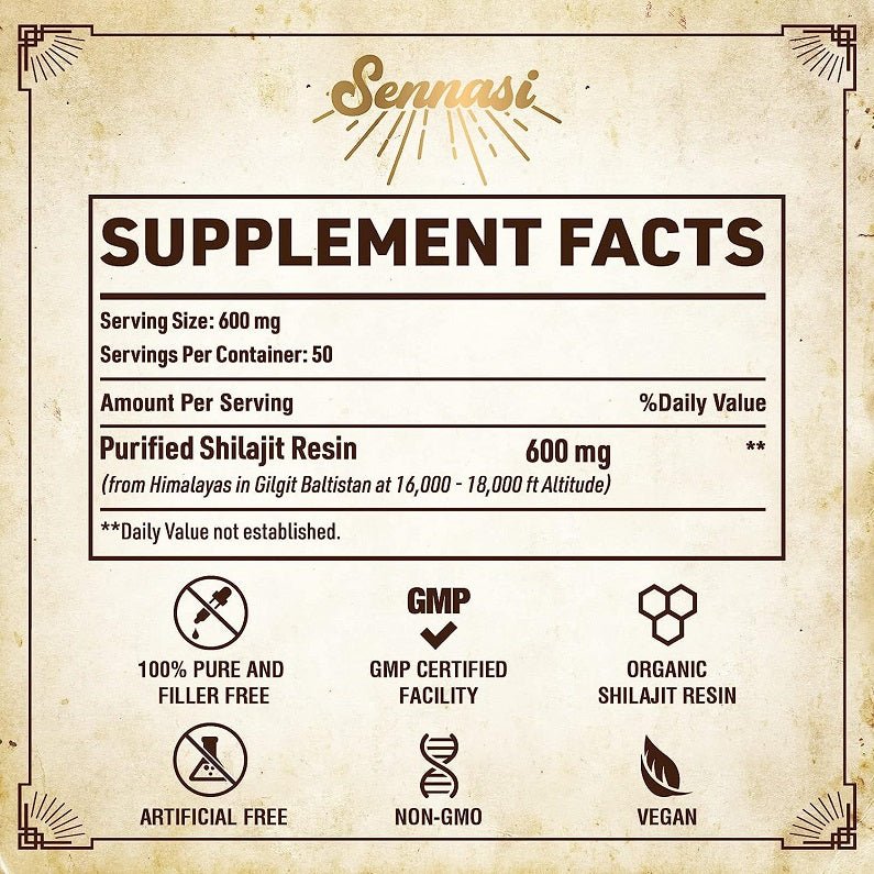 Supplement facts panel for Sennasi shilajit resin, showing 600 mg per serving