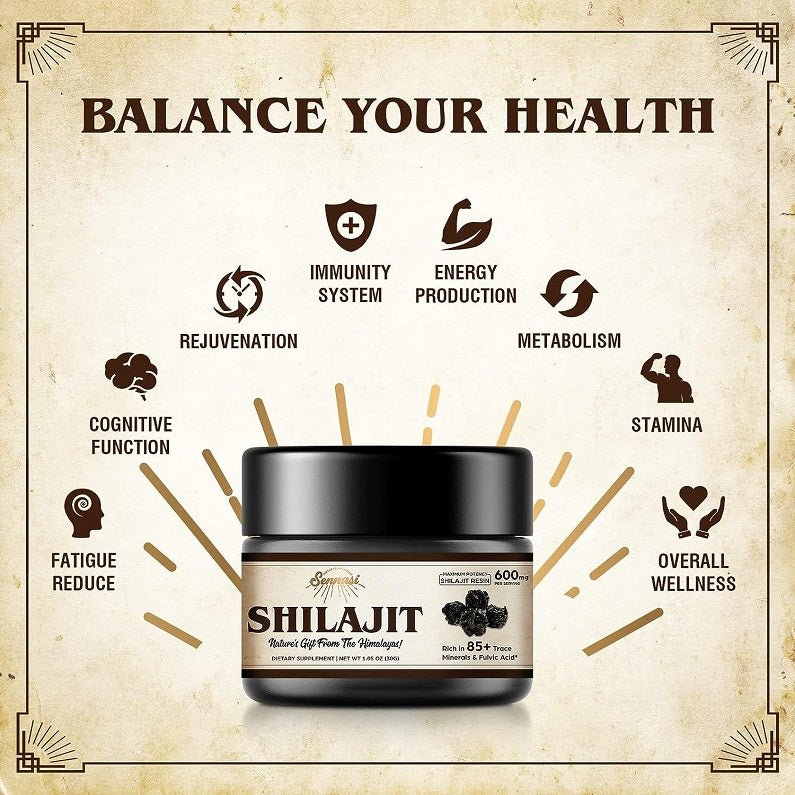 Sennasi shilajit resin wellness icon graphic over jar centered on label