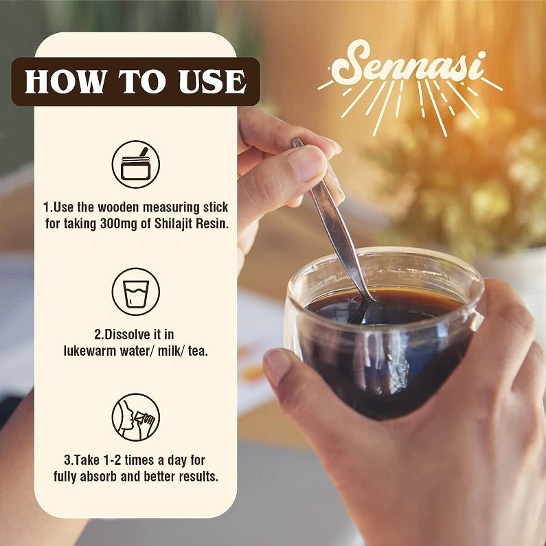 Hands using a spoon with shilajit resin in a cup; how-to use card