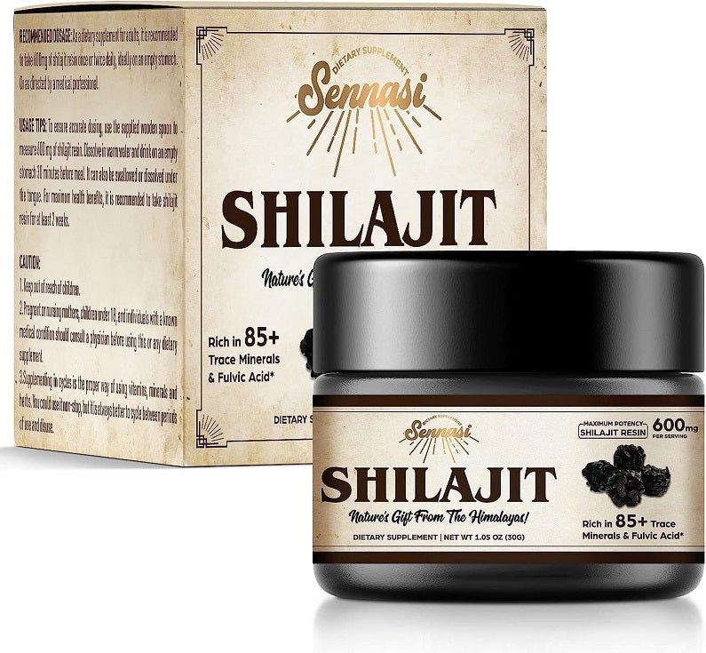 Sennasi shilajit resin jar with matching box behind it, dietary supplement label