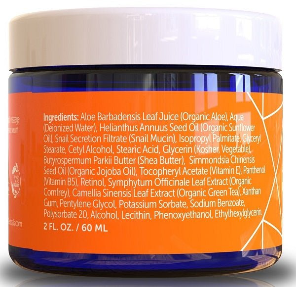 Snail repair cream jar back label with ingredients on orange panel, white lid