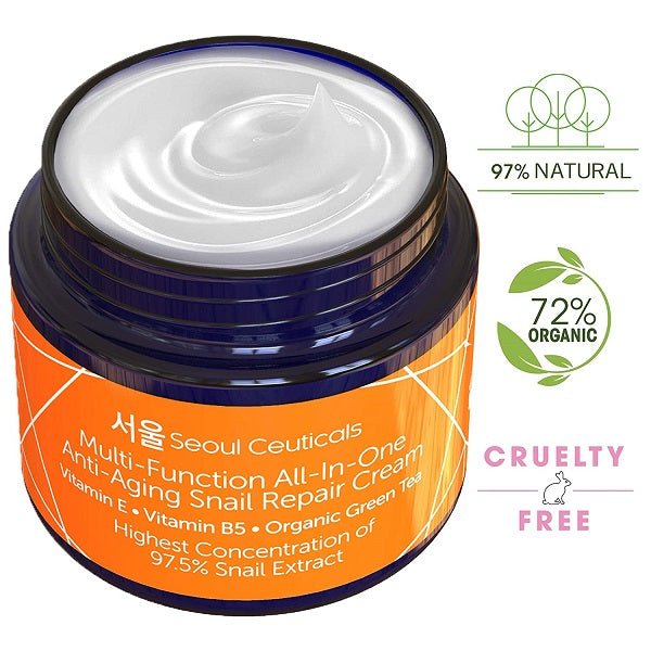 Snail repair cream jar with dark blue lid and orange label, white cream inside