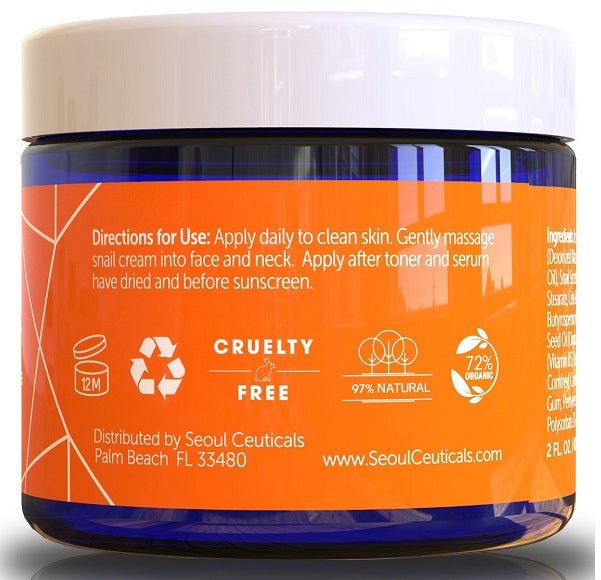 Snail repair cream jar with directions on orange panel, white lid and blue base