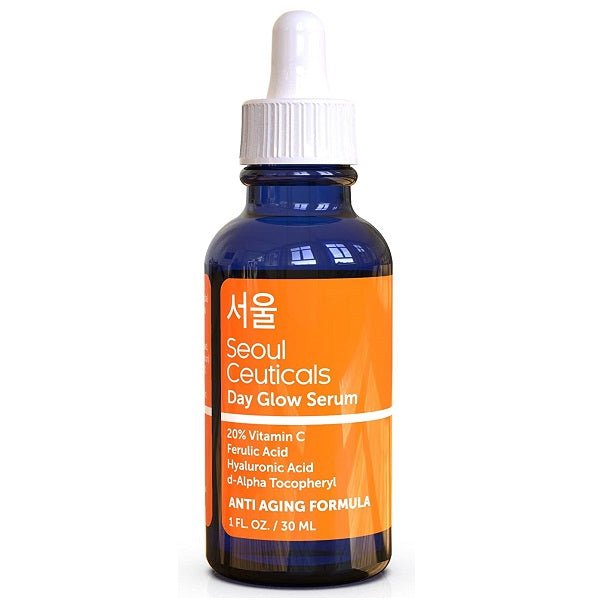 SeoulCeuticals Day Glow Vitamin C serum bottle with orange label and white dropper cap