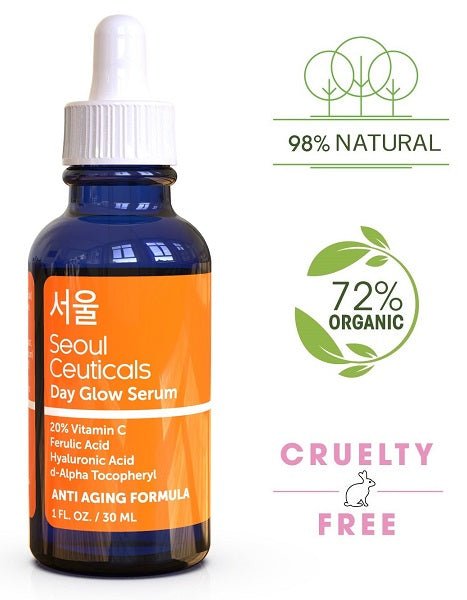 SeoulCeuticals Day Glow serum bottle with 98% natural, 72% organic, cruelty-free badge