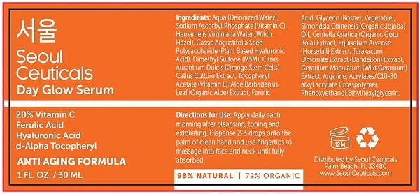 SeoulCeuticals Day Glow serum back label with ingredients and directions on orange panel