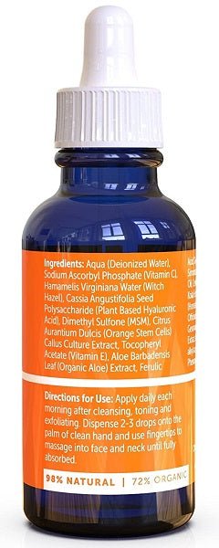 SeoulCeuticals vitamin C serum bottle with ingredient list and directions on orange label