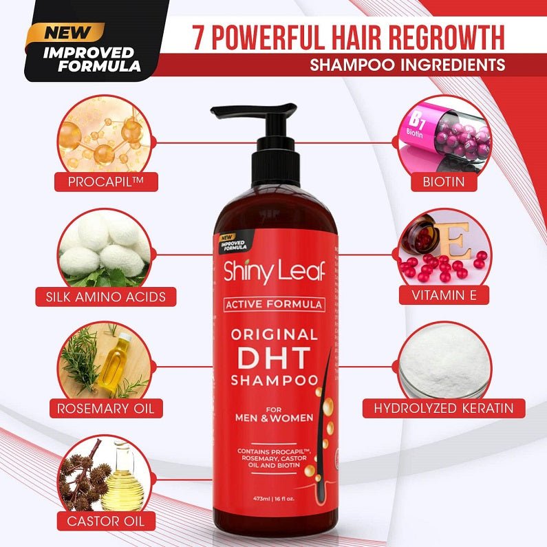 ShinyLeaf Original DHT shampoo bottle with 7 hair regrowth ingredients callouts.