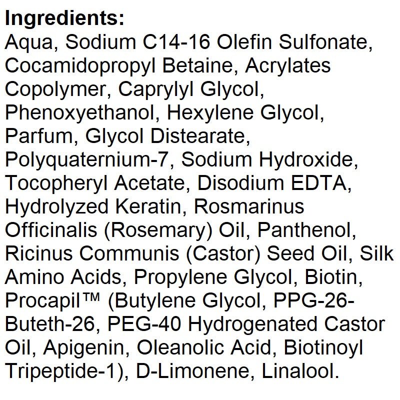 Shampoo ingredients list text, including rosemary oil, biotin, hydrolyzed keratin, castor oil.