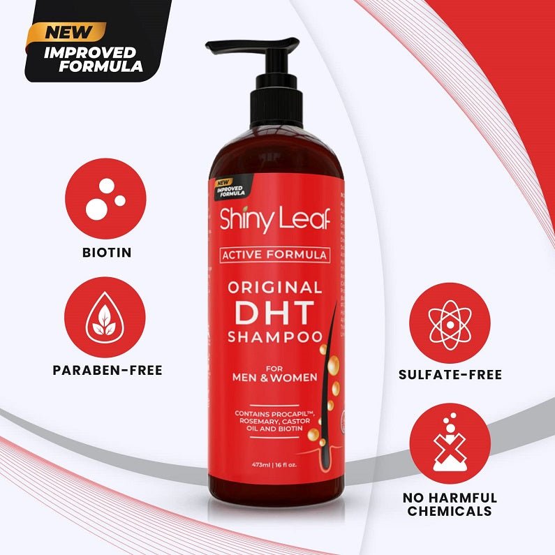 ShinyLeaf DHT shampoo bottle with biotin, paraben-free, sulfate-free, no harmful chemicals icons.