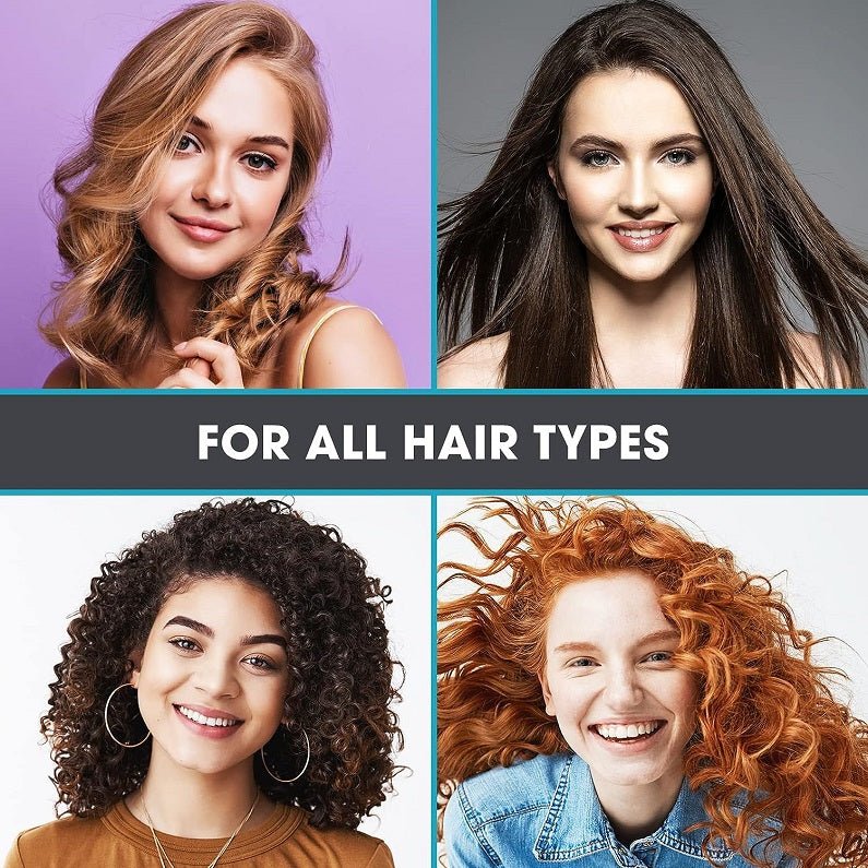 ShinyLeaf Original DHT shampoo bottle with for all hair types promotional collage.