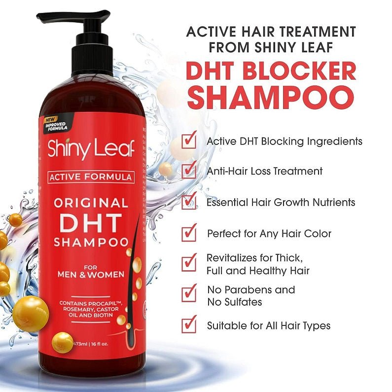 ShinyLeaf DHT blocker shampoo bottle with ingredient and anti-hair-loss checklist.