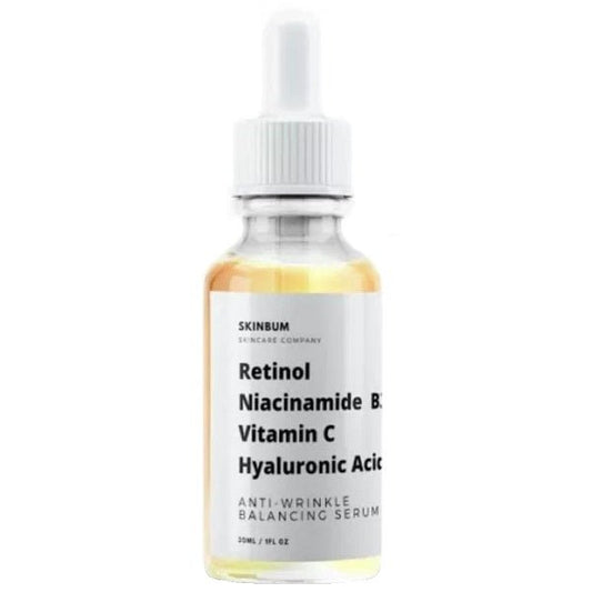 SkinBum anti-wrinkle balancing serum bottle with retinol, niacinamide, vitamin C, hyaluronic acid