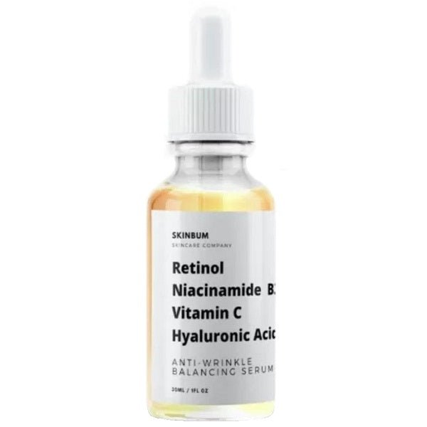 SkinBum anti-wrinkle balancing serum bottle with retinol, niacinamide, vitamin C, hyaluronic acid