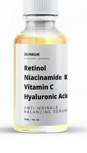 SkinBum anti-wrinkle balancing serum amber bottle, retinol, niacinamide, vitamin C, hyaluronic acid