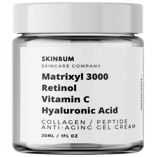 SKINBum collagen-peptide anti-aging gel cream jar with Matrixyl 3000, vitamin C