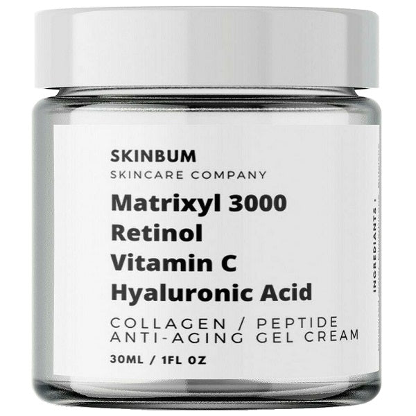 SKINBum collagen-peptide anti-aging gel cream jar with Matrixyl 3000, vitamin C