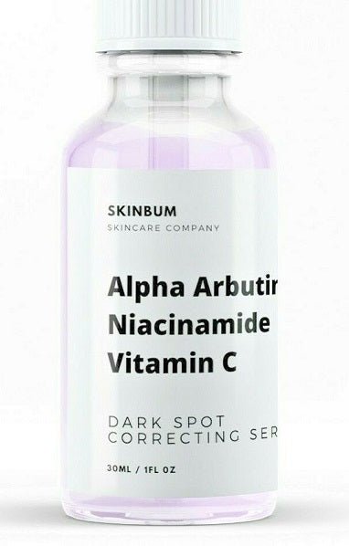 Dark spot correcting serum bottle front view with Alpha Arbutin, Niacinamide, Vitamin C