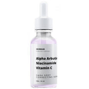 Dark spot correcting serum bottle with dropper, Alpha Arbutin, Niacinamide, Vitamin C
