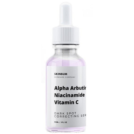 Dark spot correcting serum bottle with dropper, Alpha Arbutin, Niacinamide, Vitamin C
