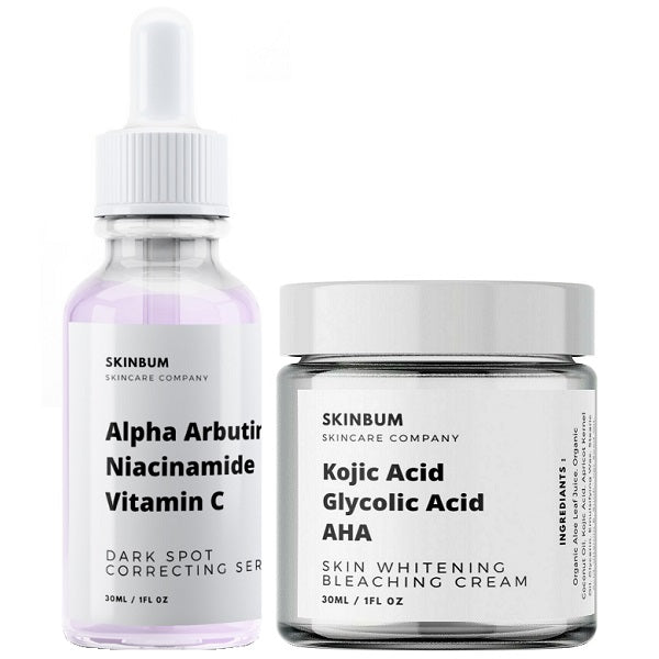 SkinBum dark spot correcting serum and skin whitening cream set, serum bottle and jar