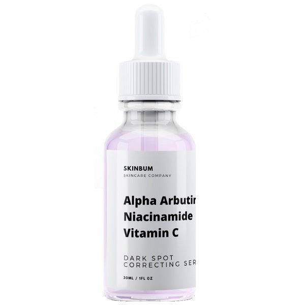 SkinBum dark spot correcting serum bottle with dropper, Alpha Arbutin, Niacinamide, Vitamin C