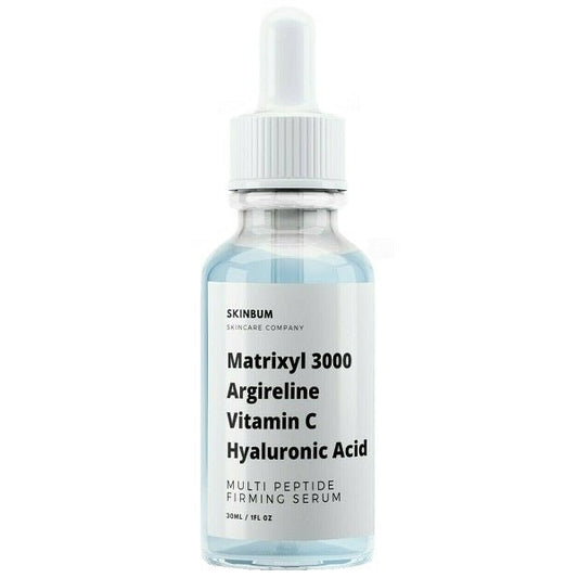 SkinBum Multi Peptide Firming Serum bottle with white pump cap, light blue liquid