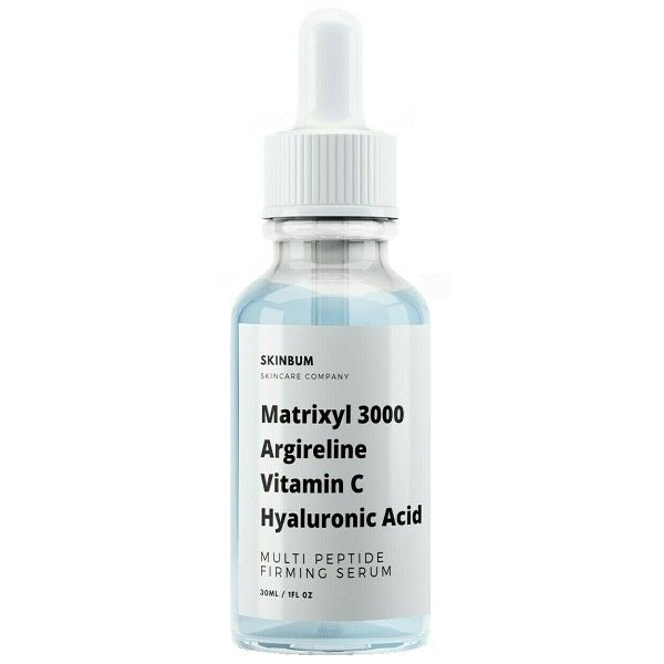 SkinBum Multi Peptide Firming Serum bottle with white pump cap, light blue liquid