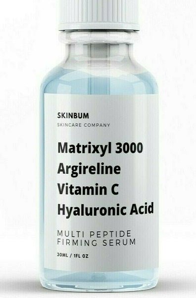 SkinBum serum bottle label: Matrixyl 3000, Argireline, Vitamin C, Hyaluronic Acid