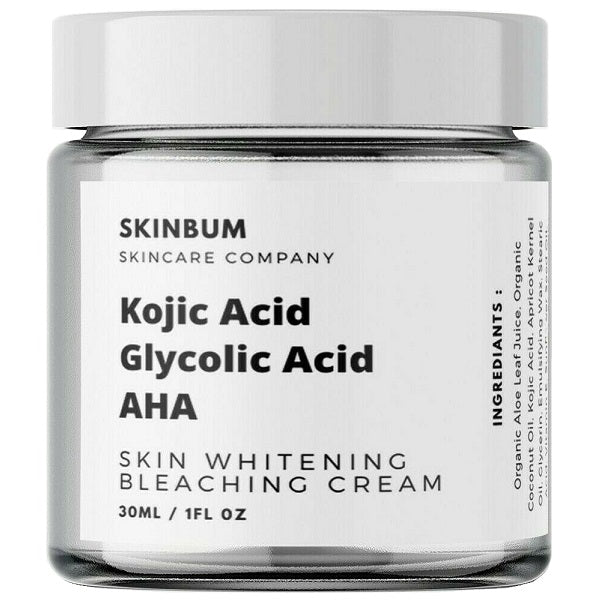White-labeled whitening cream jar with Kojic Acid, Glycolic Acid, AHA text