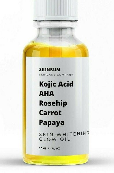 SkinBum skin whitening glow oil bottle, amber glass with white ribbed cap