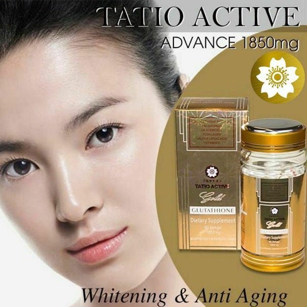 Tatio Active glutathione supplement bottle with gold cap and label on amber jar