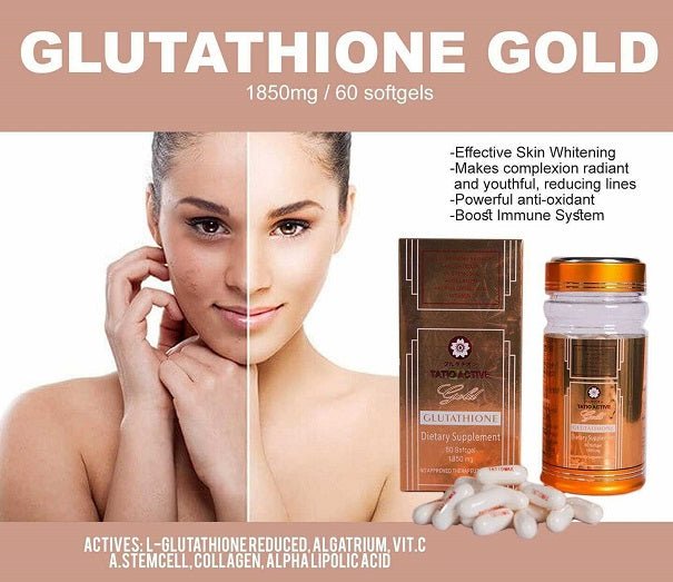 Tatio Active glutathione softgel bottle with gold cap, shown beside product box