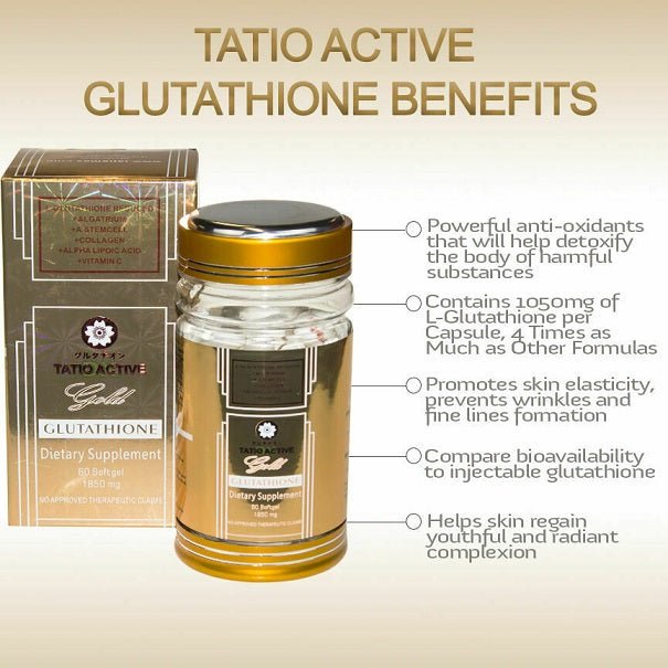 Tatio Active glutathione softgel bottle and matching product box, gold and clear