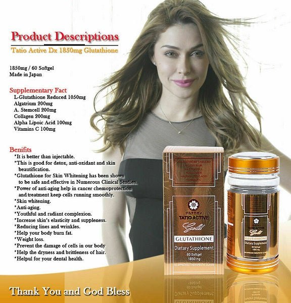 Tatio Active glutathione supplement bottle and small product box, gold-trimmed