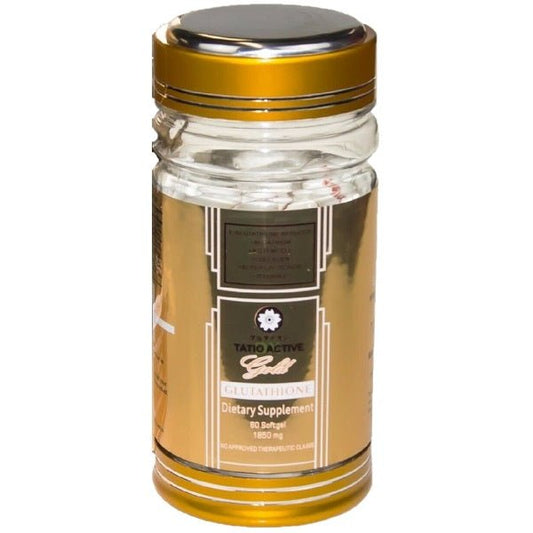 Tatio Active glutathione softgel bottle with gold cap and clear amber jar
